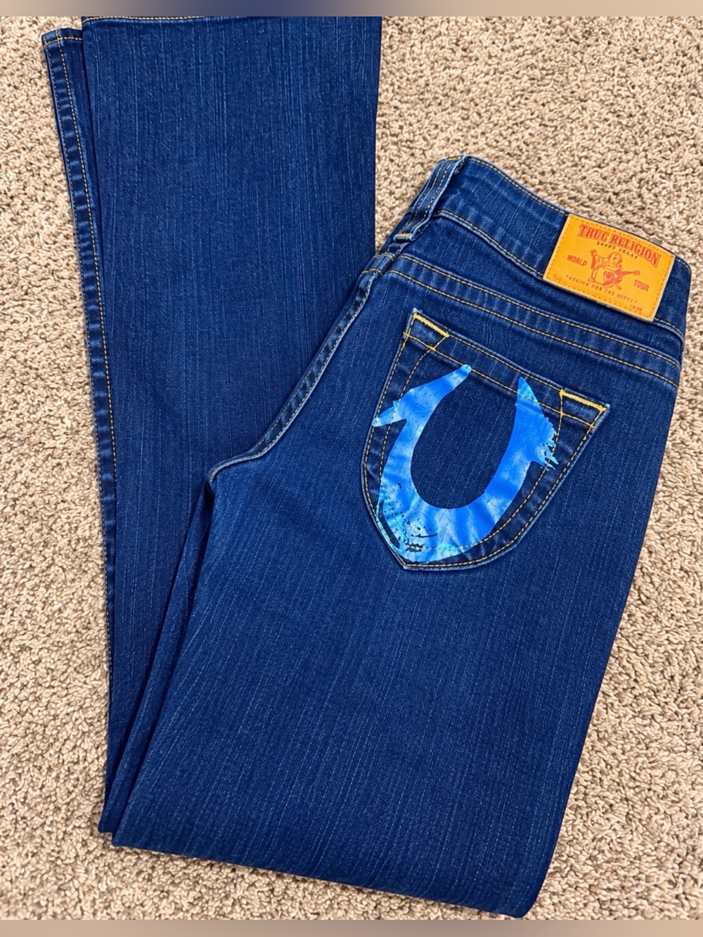 Y2K True Religion Women's Blue Boot Cut Jeans with Blue Horseshoe
